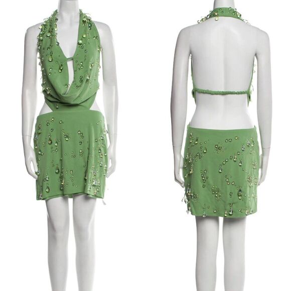 Cult Gaia Issey Cowl Neck Glass Beaded Mini Dress Calla Lily Green Size Medium - Picture 2 of 8
